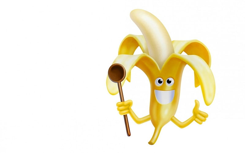 Banana, spoon, yellow, smile, child, funny, white, card, HD wallpaper