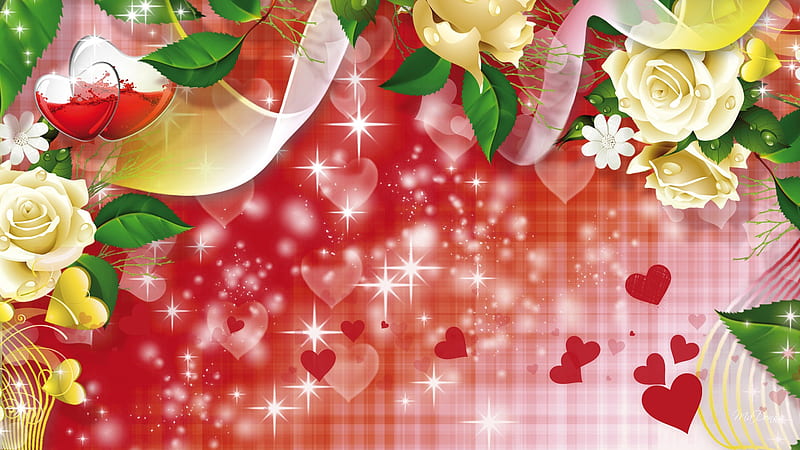 Roses and Hearts, valentines day, yellow roses, stars, leaves, silk, corazones, HD wallpaper