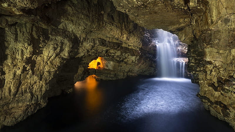 waterfall inside a cavern in scotland, rocks, cavern, waterfall, pool, light, HD wallpaper
