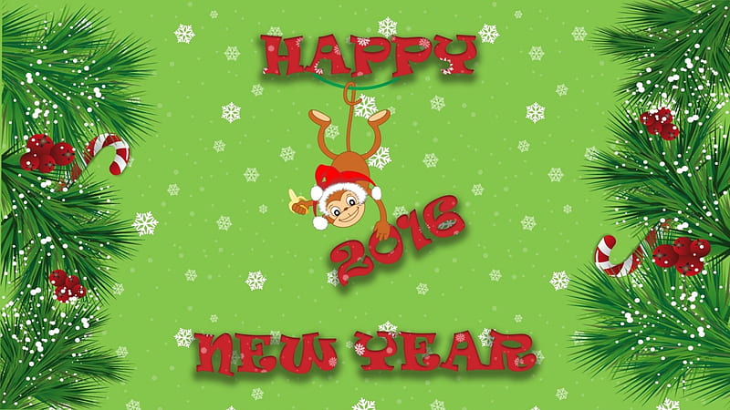 Happy New Year!, red, 2016, craciun, christmas, zodiac, new year, card, monkey, green, chinese, HD wallpaper