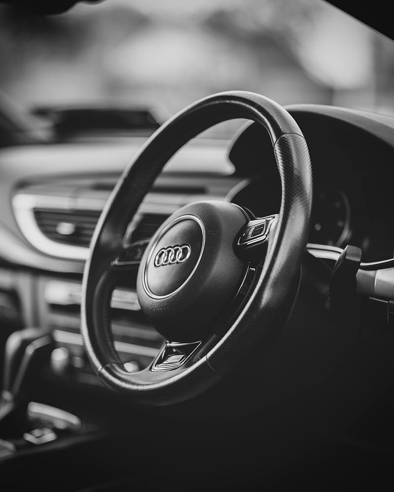 audi a7, audi, car, steering wheel, black and white, HD phone wallpaper