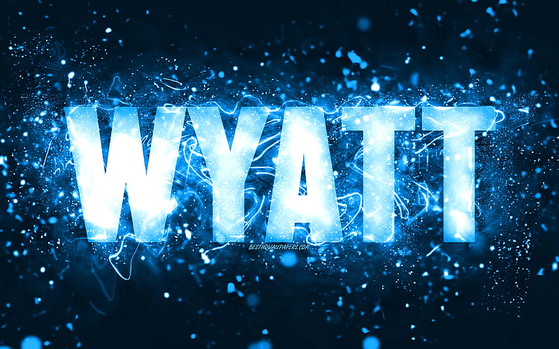 Happy Birtay Wyatt blue neon lights, Wyatt name, creative, Wyatt Happy Birtay, Wyatt Birtay, popular american male names, with Wyatt name, Wyatt, HD wallpaper