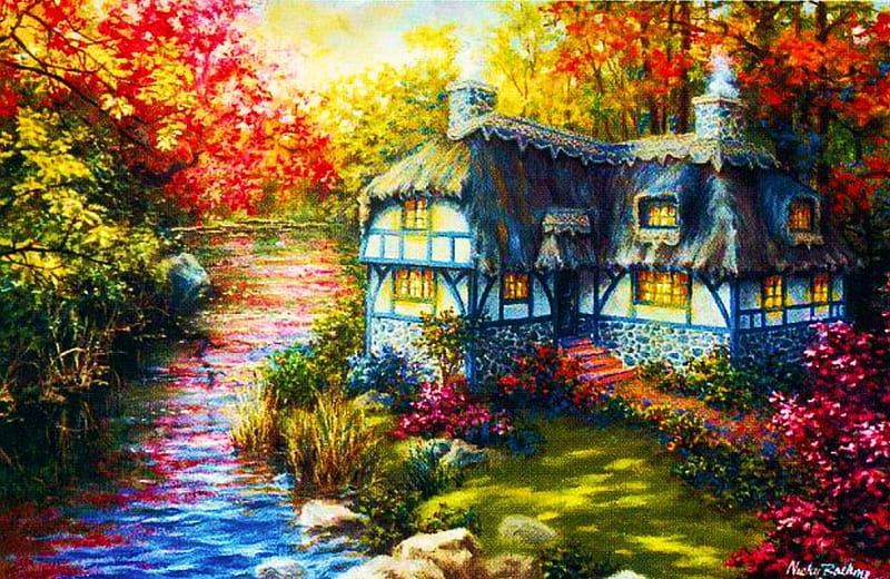 River Cottage, autumn, house, painting, colors, trees, artwork, HD wallpaper River Cottage, autumn, house, painting, colors, trees, artwork, HD wallpaper