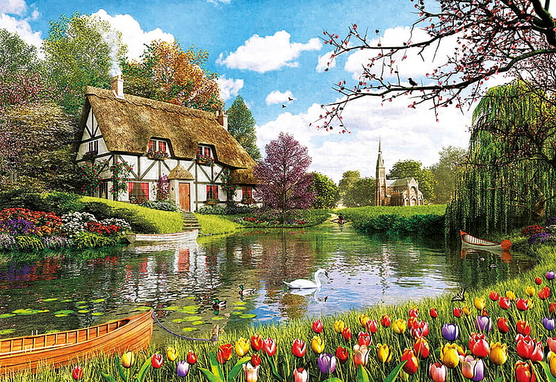 Tulip Garden, cottage, painting, river, spring, tulips, church, trees, artwork, HD wallpaper