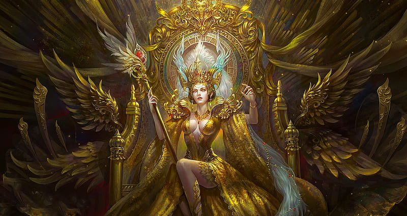 Golden Queen, art, gold, fantasy, girl digital, queen, woman, throne, HD wallpaper