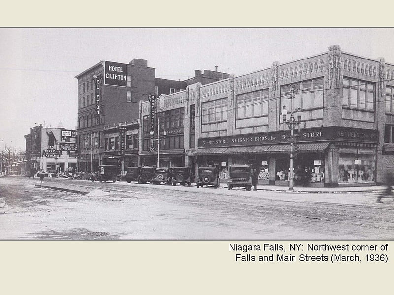 Niagara Falls, NY: Northwest corner of Falls and Main Streets (March, 1936), architecture, falls street, niagara falls, historic, HD wallpaper