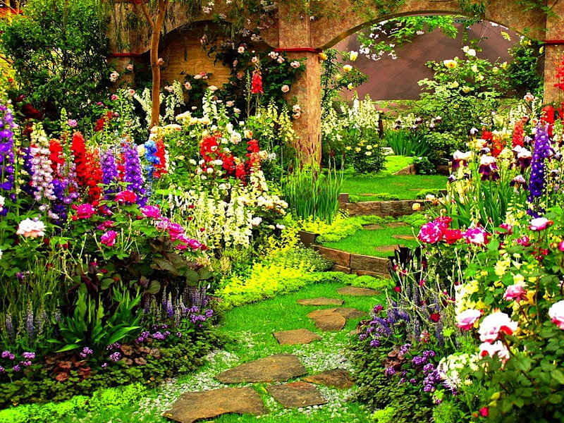 Flower Garden, flowers, archway, garden, colours, stepping stones, steps, HD wallpaper