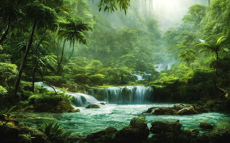 Waterfall in Jungle, green, palms, mist, moss, waterfall, jungle, rocks, HD wallpaper