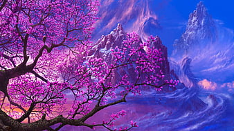 Japanese Landscape Sakura Trees Backdrop Mountains Volcano