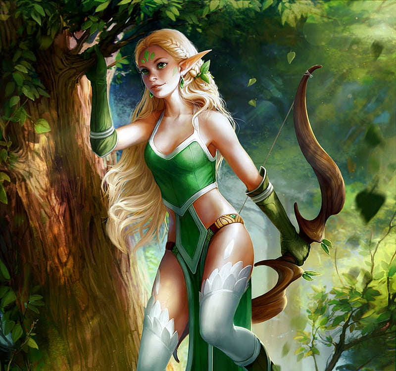 Archer, elf, forest, luminos, girl, green, exellero, HD wallpaper
