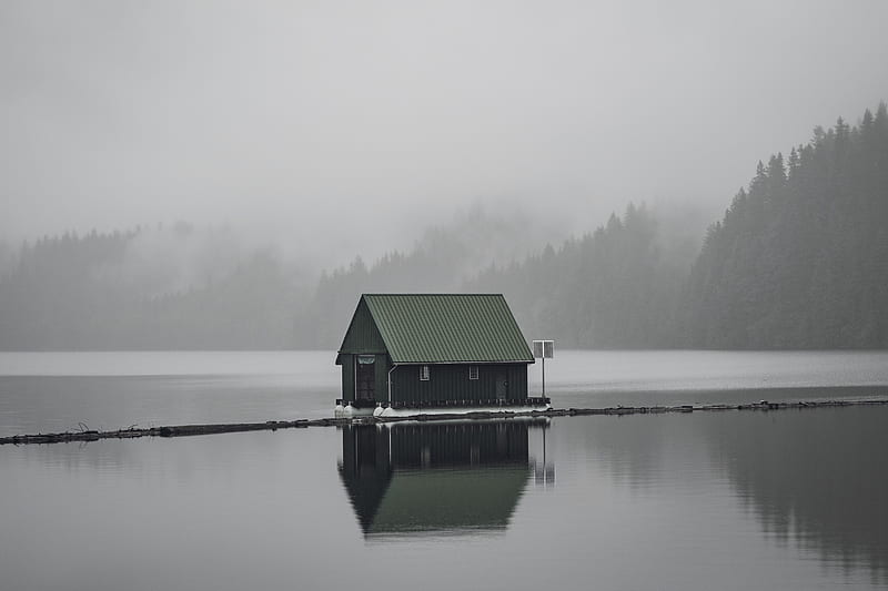 gray wooden house on body of water, HD wallpaper