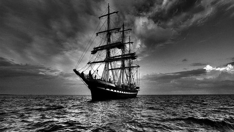 sailing ship at sea in black and white, masts, black and white, sail ship, sky, sea, HD wallpaper