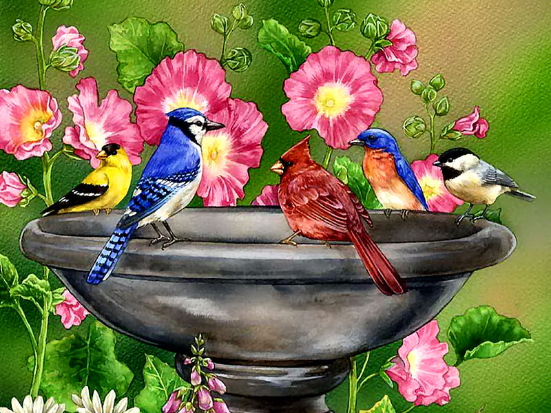 Birdbath Birds F, Cardinal, bonito, illustration, artwork, animal, Bluebird, painting, wide screen, Blue Jay, Flowers, art, birdbath, Chickadee, bird, Goldfinch, avian, wildlife, HD wallpaper