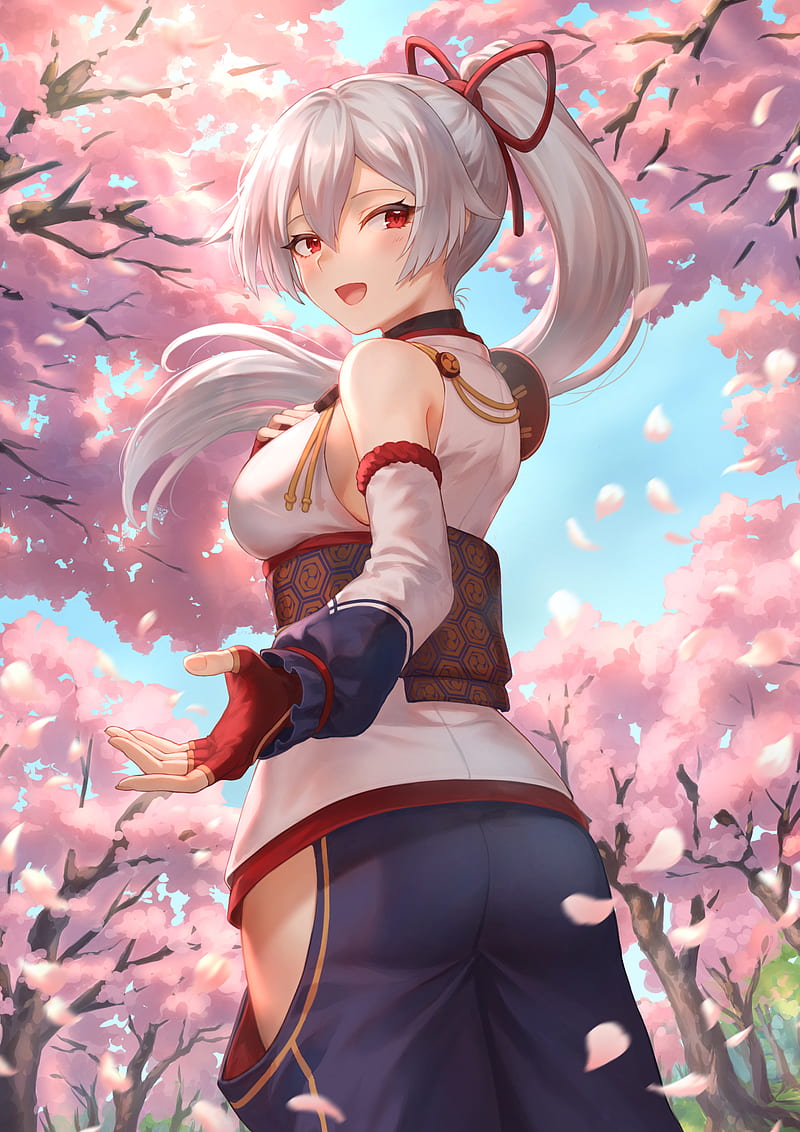 anime, anime girls, digital art, artwork, portrait display, vertical, Fate/Grand Order, Tomoe Gozen (Fate/Grand Order), red eyes, open mouth, ponytail, trees, sky, silver hair, petals, cherry blossom, Fate Series, mashu_003, HD phone wallpaper