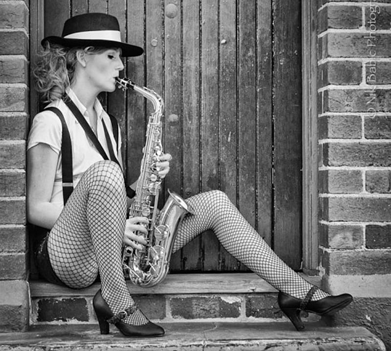 saxophone, female, graphy, black, white, HD wallpaper