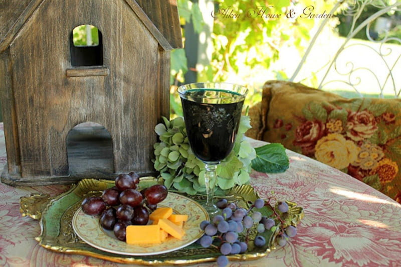 in the garden, fruit, table, grapes, saucers, birdhouse, cup, HD wallpaper