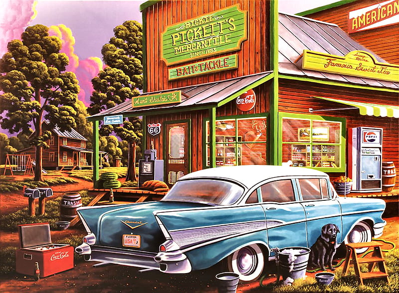 Aunt Sheila's Cafe F, art, cafe, bonito, illustration, artwork, carros, automobile, chevrolet, painting, auto, wide screen, HD wallpaper