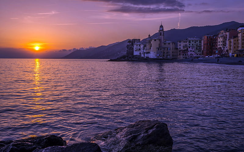 Camogli, Portofino, evening, sunset, Mediterranean Sea, summer, chapel, seascape, Liguria, Italy, HD wallpaper