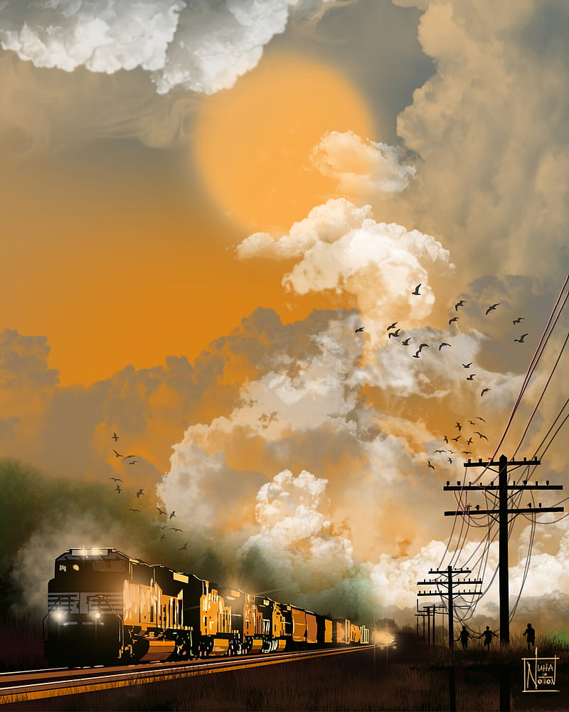 train, carriages, clouds, sunset, art, HD phone wallpaper