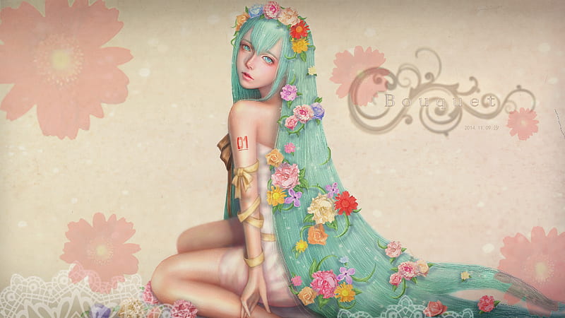 Hatsune Miku, anime, flower, manga, blue, frumusete, luminos, fantasy, semi realistic, girl, pink, HD wallpaper