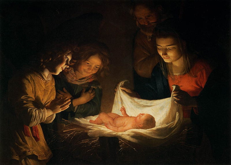 Adoration of the Child, dark, people, jesus christmart, painting, gerard van honthorst, pictura, light, baby, HD wallpaper