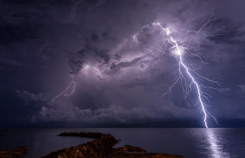 Bolt of Lightning, powerful, electric, electricity, sky, storm, beaches, greys, awesome, nature, evening, electrifying, display, neutrals, insidious, night, HD wallpaper