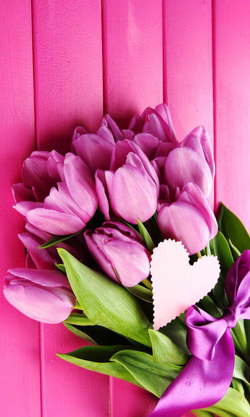 Tulips, bouquet, flowers, heart, love, purple tulip, wood, HD phone wallpaper