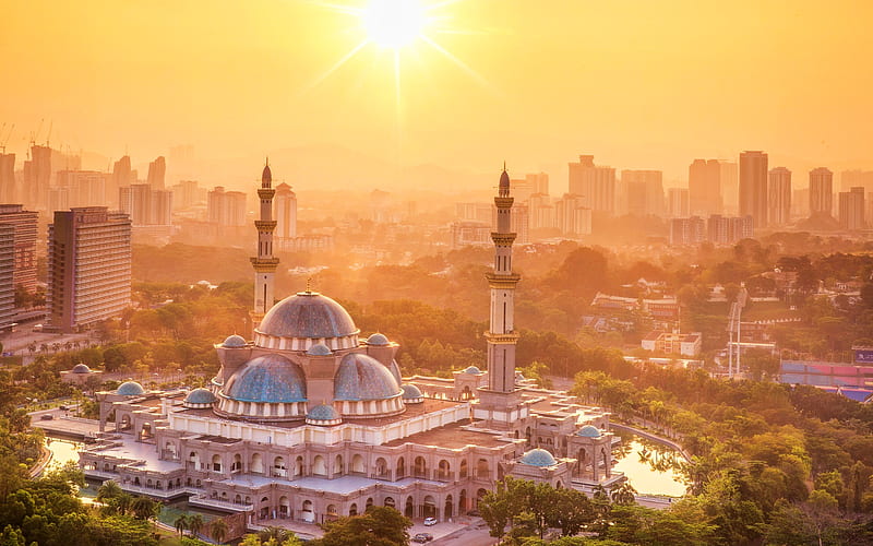 Federal Territory Mosque Kuala Lumpur, sunset, citycapes, Kuala Lumpur, Malaysia, HD wallpaper
