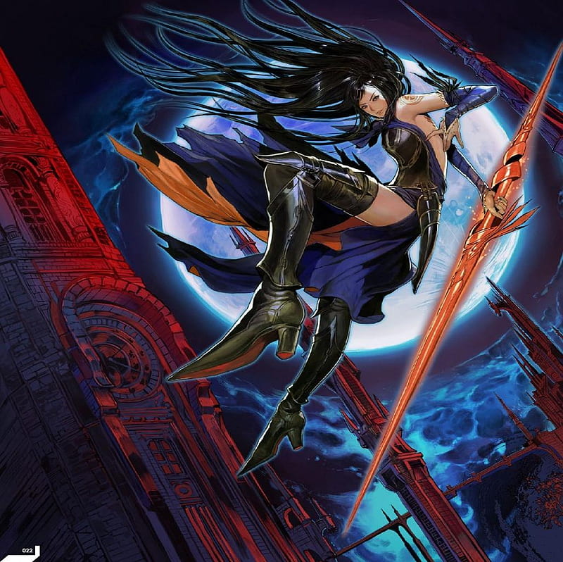 Shanoa, games, boots, video game, game, video games, thigh highs, blue dress, moon, full moon, spear, long hair, black hair, castlevania, weapons, towers, order of ecclesia, HD wallpaper