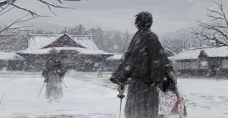 Samurai Warrior in Winter Illustration, HD wallpaper