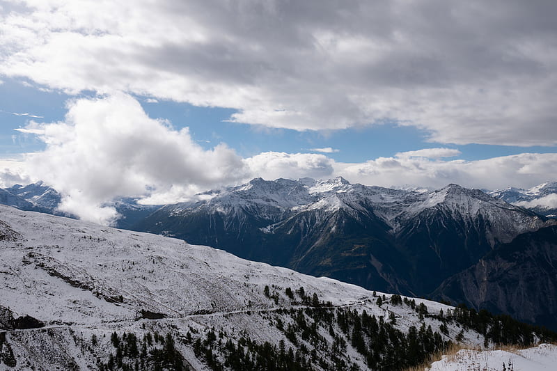 mountains, rocks, slope, snow, snowy, HD wallpaper