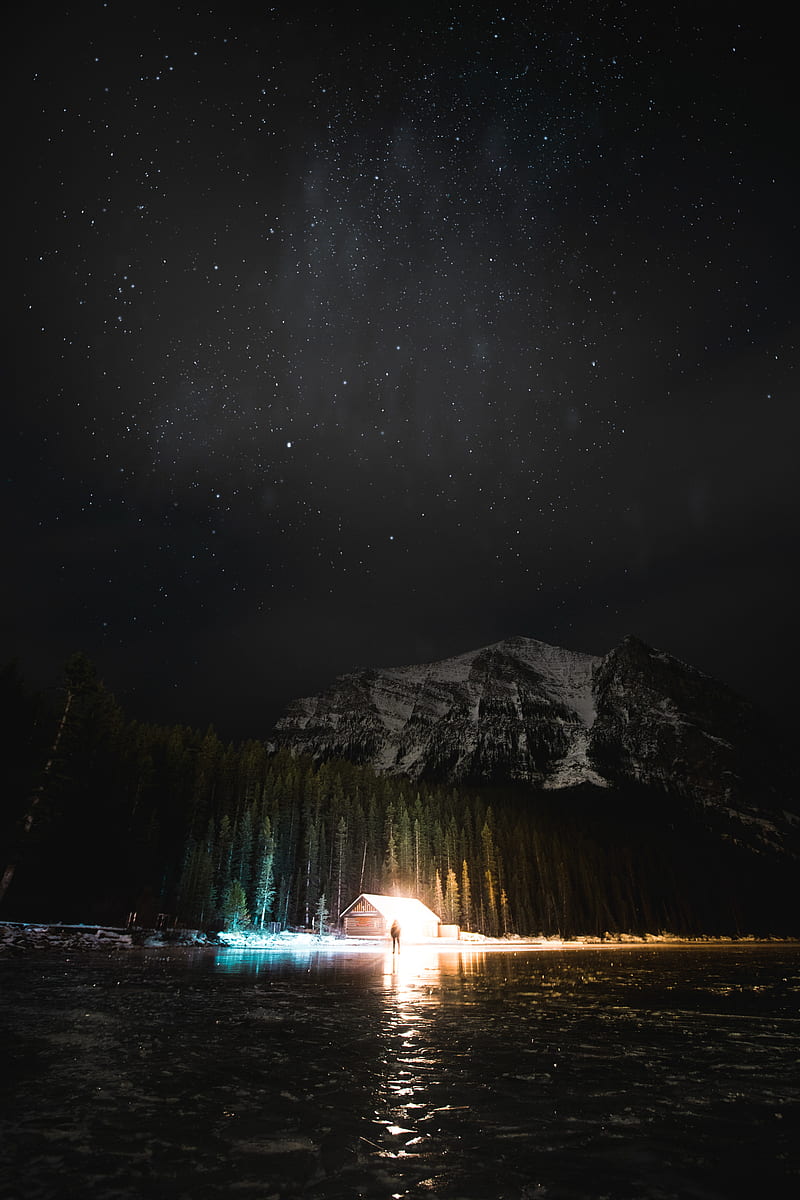 mountain, night, starry sky, silhouette, lake, HD phone wallpaper