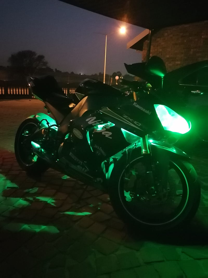 Kawasaki zx10r, bike, led, lights, motorcycle, night, HD phone wallpaper