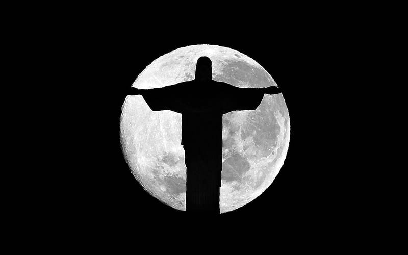 Christ the Redeemer, minimal, moon, statue silhouette, Statue of Jesus Christ in Rio de Janeiro, Brazil, brazilian landmarks, HD wallpaper