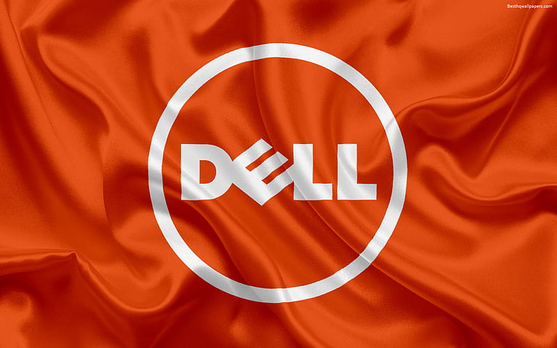 Dell, blue emblem, Dell logo, orange silk flag, HD wallpaper