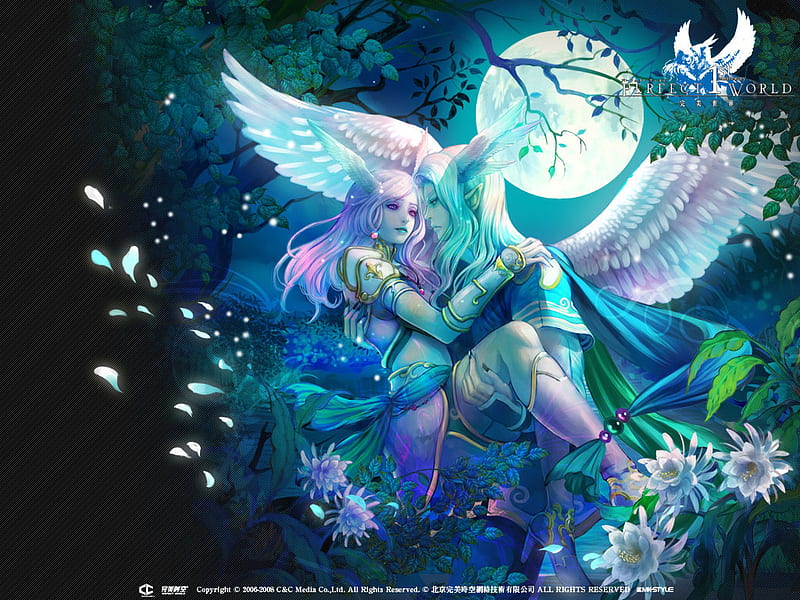 Perfect World , female, angel, game, abstract, wing, fantasy, moon, 3d, warrior, girl, lover, flower, couple, night, HD wallpaper