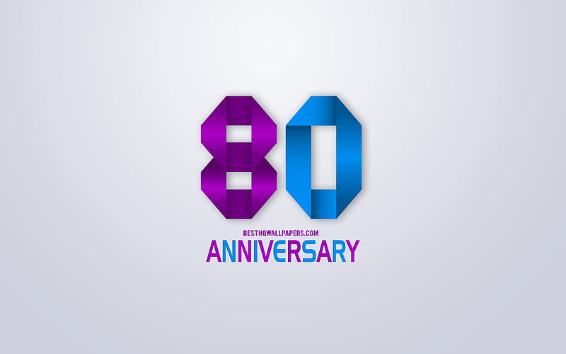 80th Anniversary sign, origami anniversary symbols, blue violet origami digits, White background, origami numbers, 80th Anniversary, creative art, 80 Years Anniversary, HD wallpaper