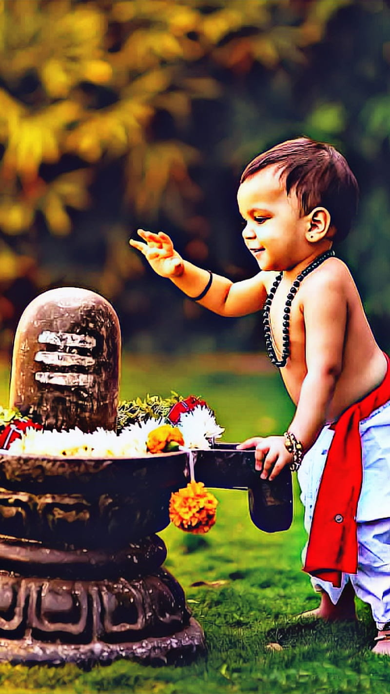 Cute Kid with Shivling , religious, bhakti, shiva, HD phone wallpaper