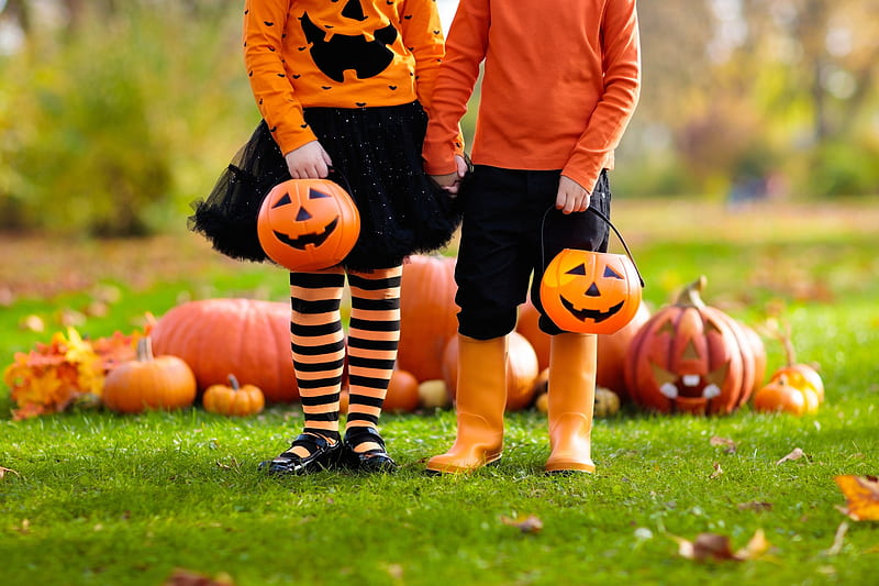 Happy Halloween!, halloween, pumpkin, autumn, orange, green, basket, children, HD wallpaper