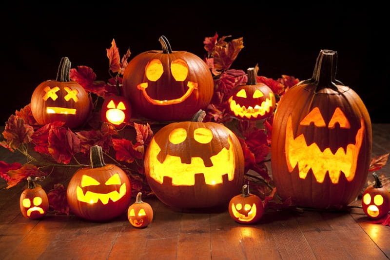 Jack-O-Lanterns, Fall, leaves, jack o lanterns, Halloween, Autumn, Happy Halloween, pumpkins, HD wallpaper