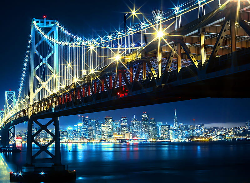 San Fransisco Bay, bridge, city, lights, neon, night, san fransisco, HD wallpaper