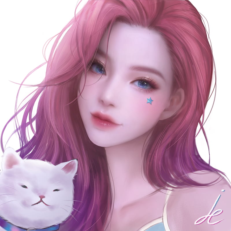 Seraphine, League of Legends, simple background, white background, redhead, blue eyes, cats, anime girls, face, HD phone wallpaper
