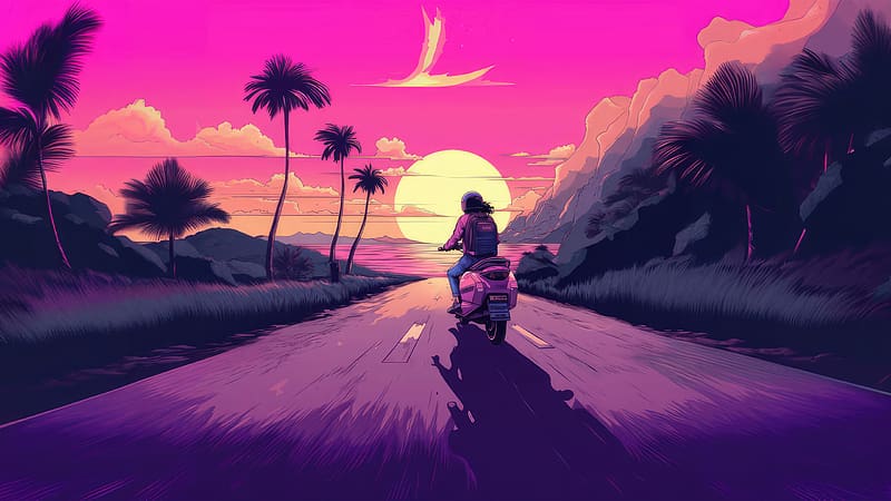 Synthetic Serenade Moped Journey With A Vaporwave Girl, vaporwave, scooter, artist, artwork, digital-art, deviantart, HD wallpaper