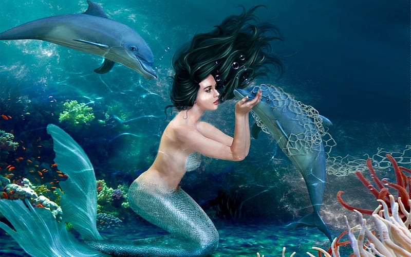 Mermaid Helping Dolphins, dolphins, sirens, ocean, Mermaids, magical, sea, creature, HD wallpaper