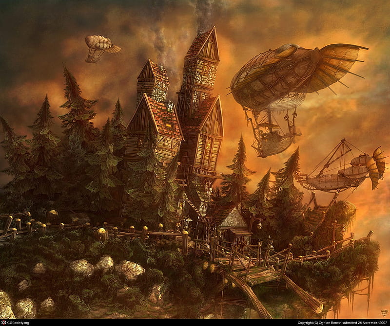 the outpost, ships, art, old town, outpost, planes, HD wallpaper