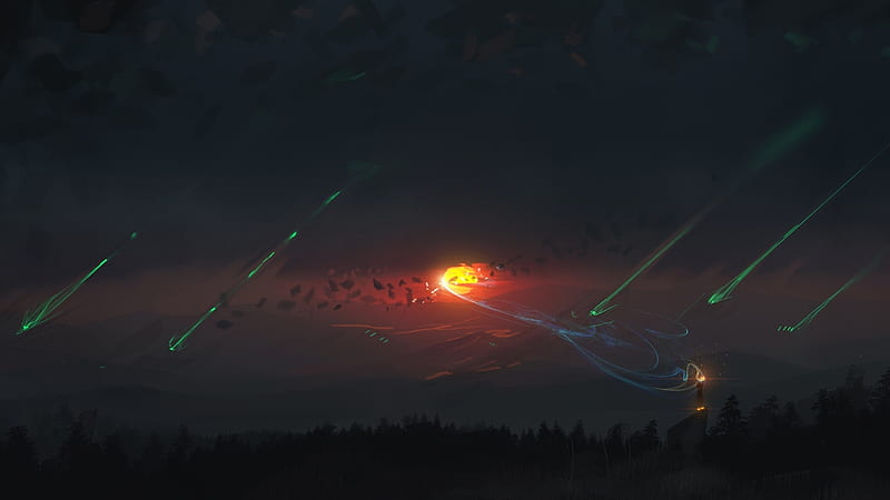 Sunset Fantasy Illustration, Light trails Forest, HD wallpaper