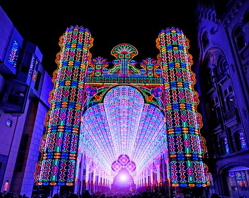 Cathedral of lights, cathedral, l e d, 55, 000 lights, colors, lights, HD wallpaper