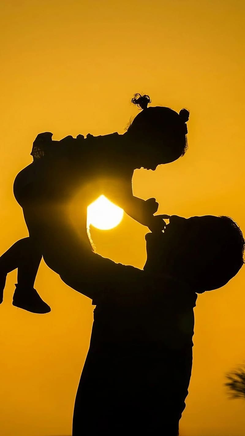 Father And Daughter, Yellow Background, sunset background, love, sun background, HD phone wallpaper