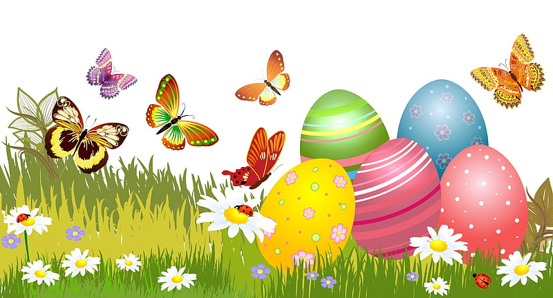 Spring and Easter Time, Easter eggs, grass, butterflies, daisies, Easter, eggs, flowers, Spring, ladybugs, HD wallpaper