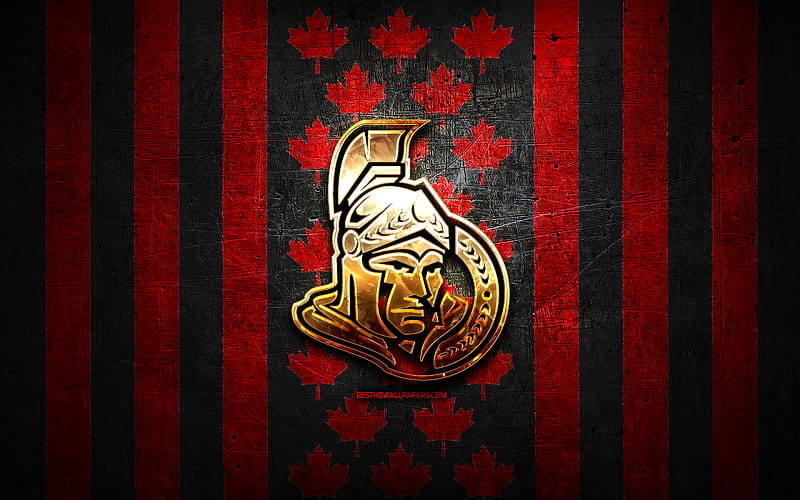 Ottawa Senators flag, NHL, red black metal background, canadian hockey team, Ottawa Senators logo, Canada, hockey, golden logo, Ottawa Senators, HD wallpaper